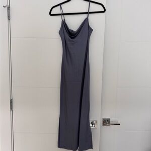 Express Slate Blueish Gray Satin Maxi Slip Dress with Cowl Neck